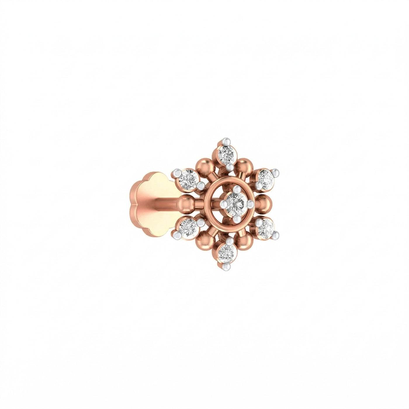Rose gold and diamond stud nose pin with circular center and sparkling diamond accents throughout