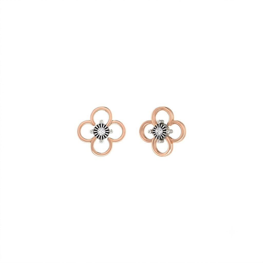 Rose gold and diamond floral earrings on a white background.