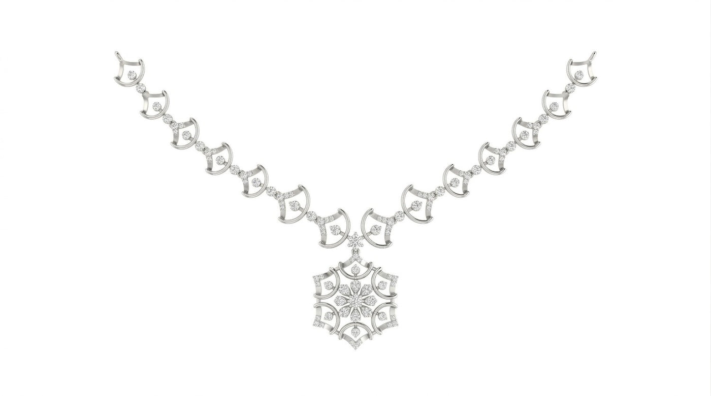 White gold and diamond necklace with a snowflake pendant on a white background