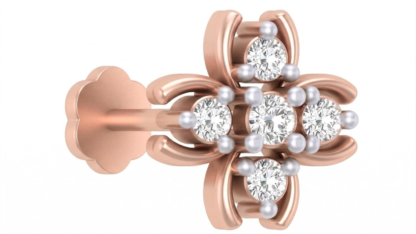 Rose Gold and diamond stud nose pin-like stones on a white background