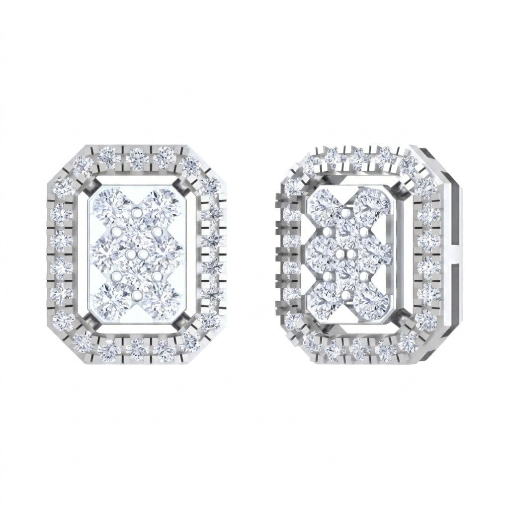 Pair of white gold and diamond square-shaped stud earrings on a white background.