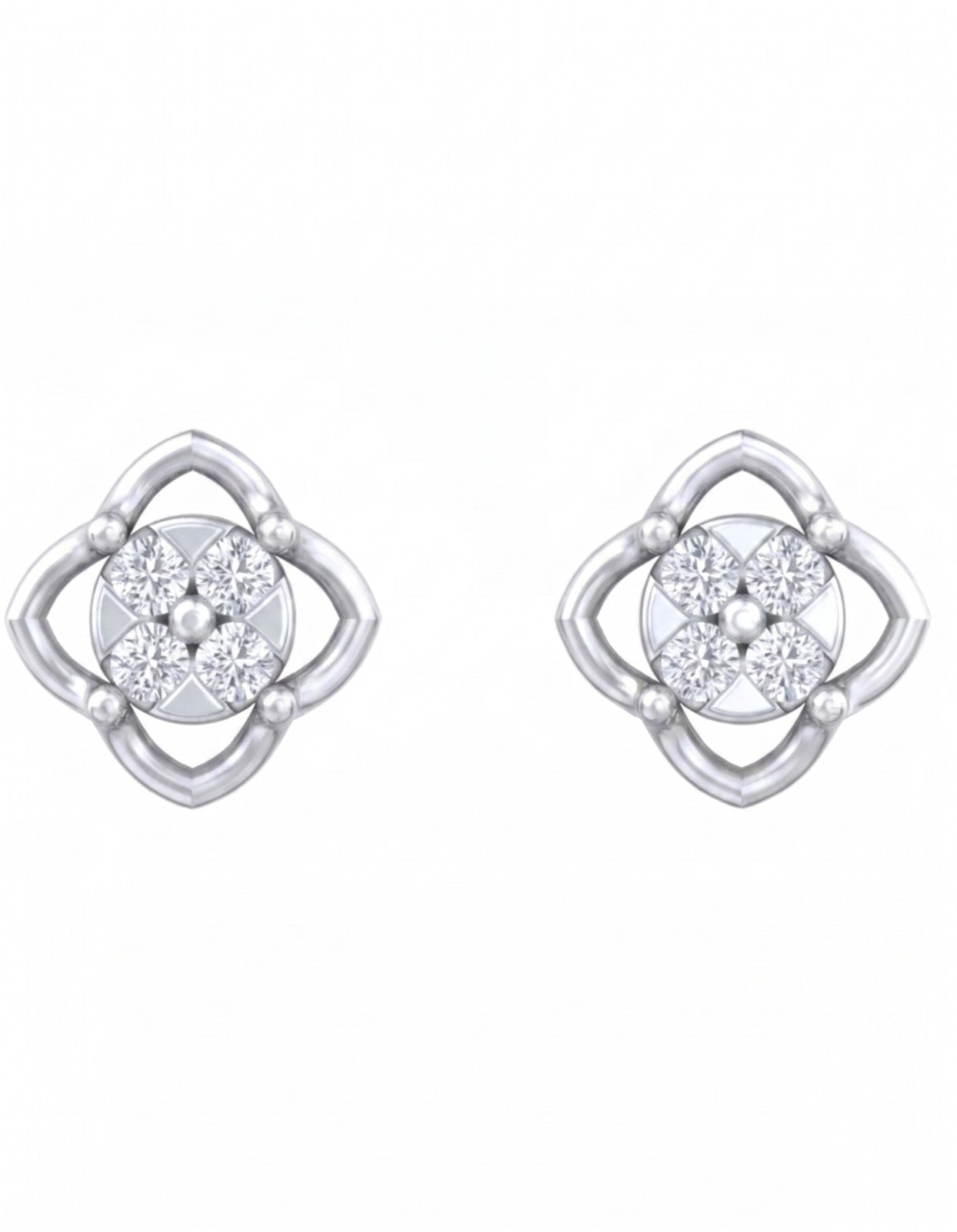 White gold and diamond floral stud earrings on a white background