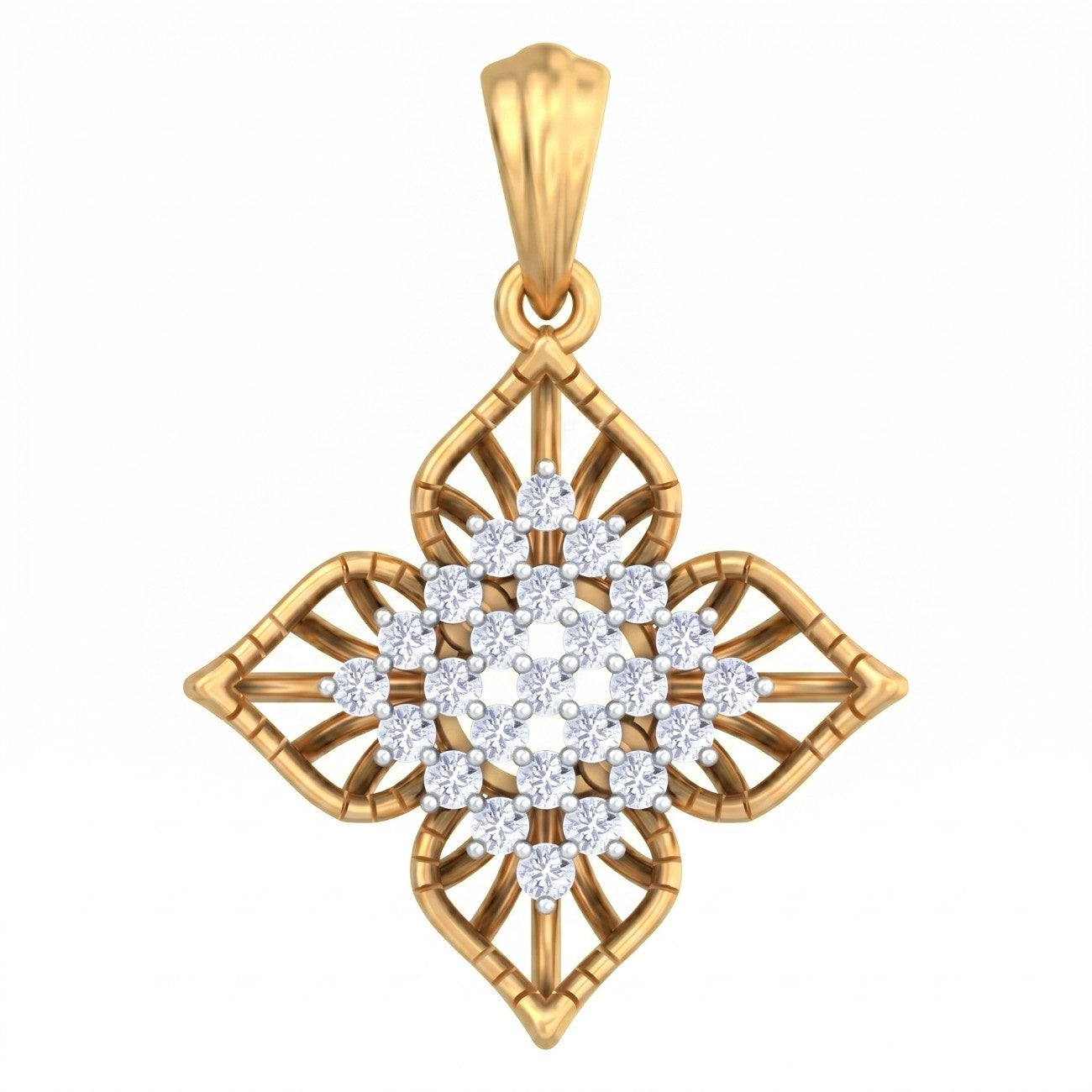 Yellow gold and diamond floral pendant on white background