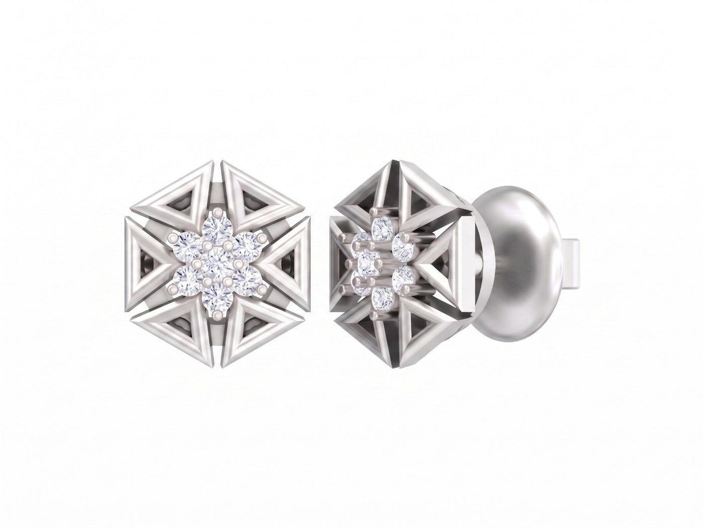 White gold and diamond geometric earrings on a white background