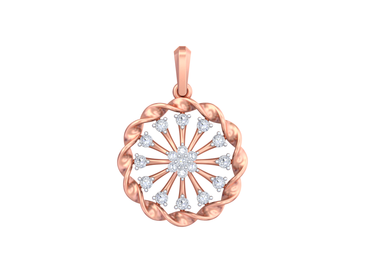 Rose gold pendant with diamond accents on a white background