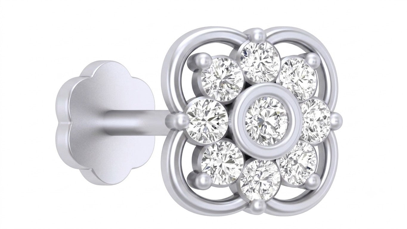 White gold and diamond stud nosepin with floral-shaped on a white background.