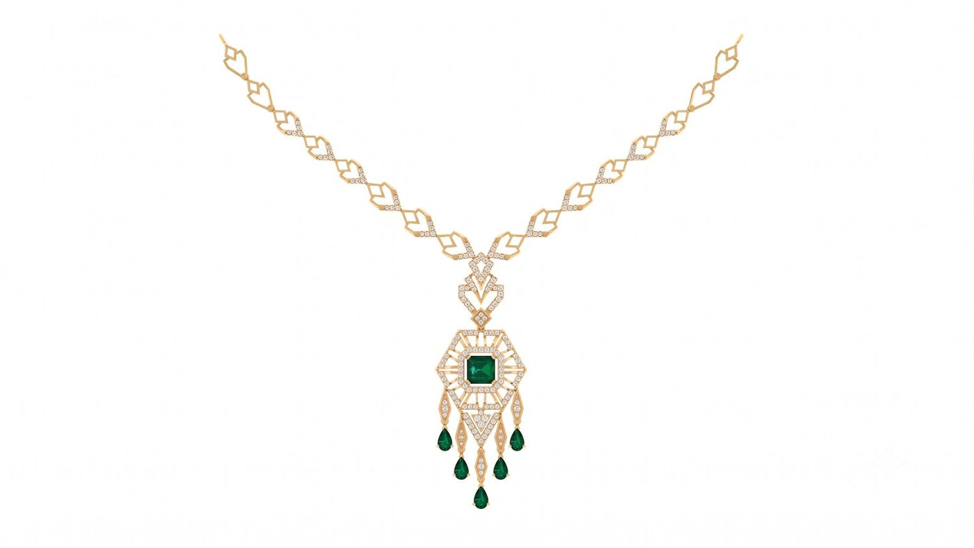 A yellow gold and diamond necklace featuring a central green emerald, set against a plain white background.