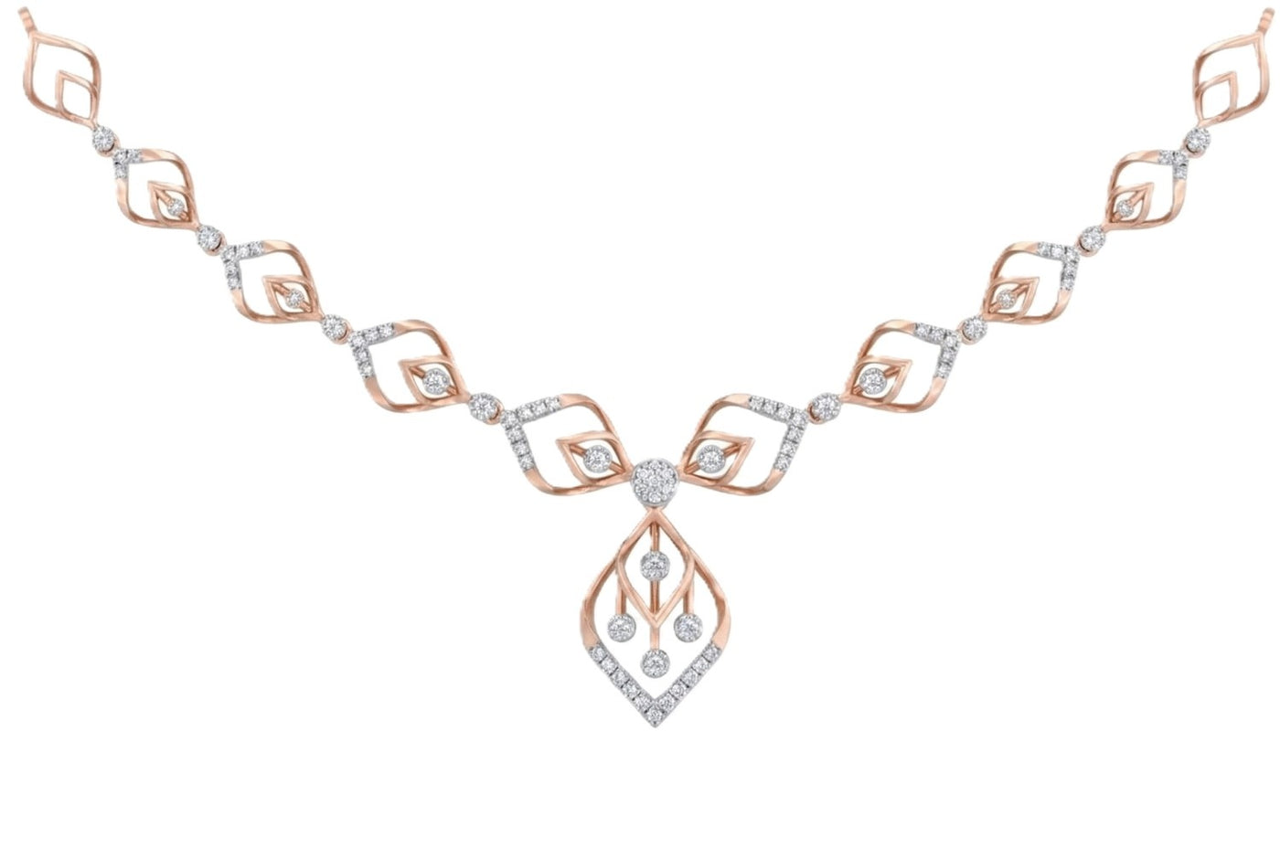 Rose gold and diamond necklace with diamond accents on a white background