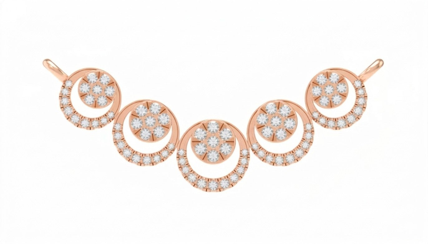 A rose gold and diamond mangalsutra featuring five interlocking circular motifs on a plain white background.