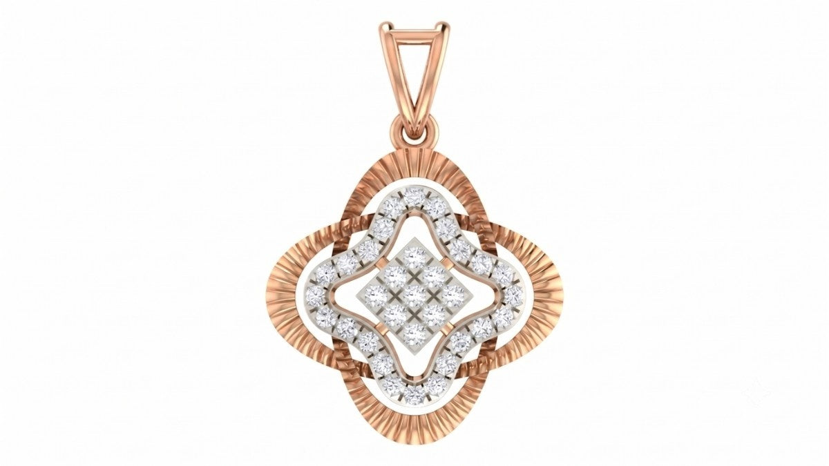 Rose gold and diamond floral pendant on white background