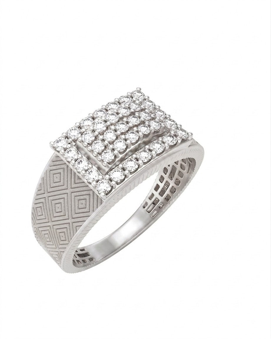 A white gold ring with a square pavé diamond top and a geometric patterned band, shown on a plain white background. 