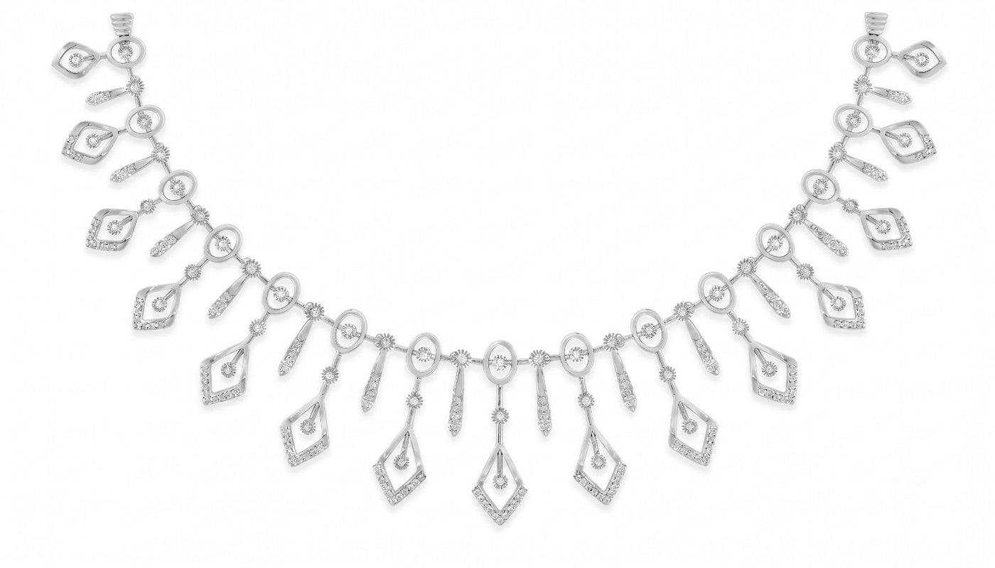 White gold and diamond necklace with geometric designs, displayed on a solid white background.