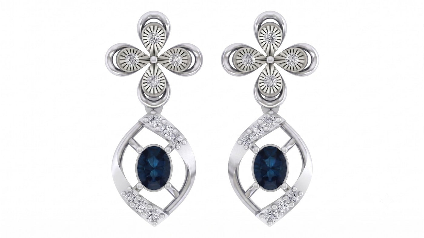 White gold and diamond drop earrings with sapphire gemstones on a white background