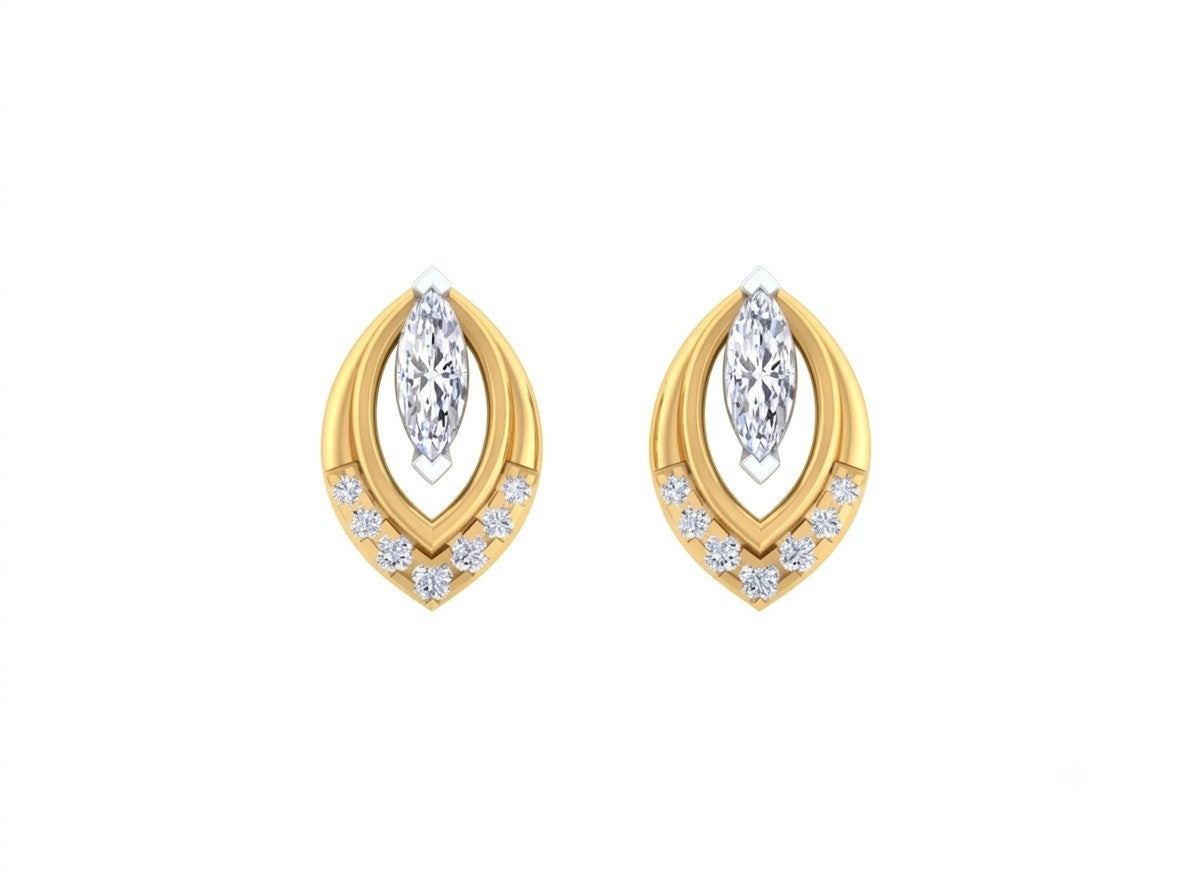 Yellow gold and diamond stud earrings with marquise-design on a white background