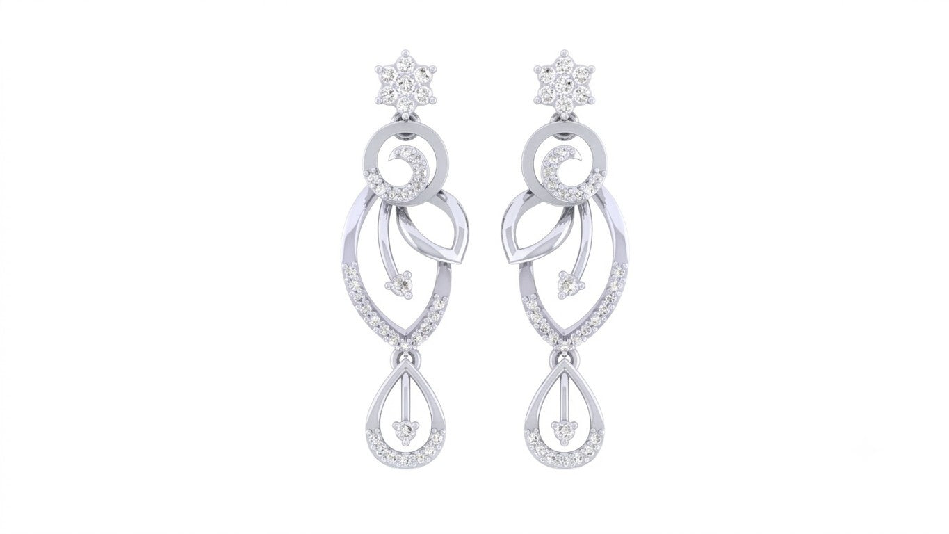 White gold and diamond earrings with diamond accents on a white background