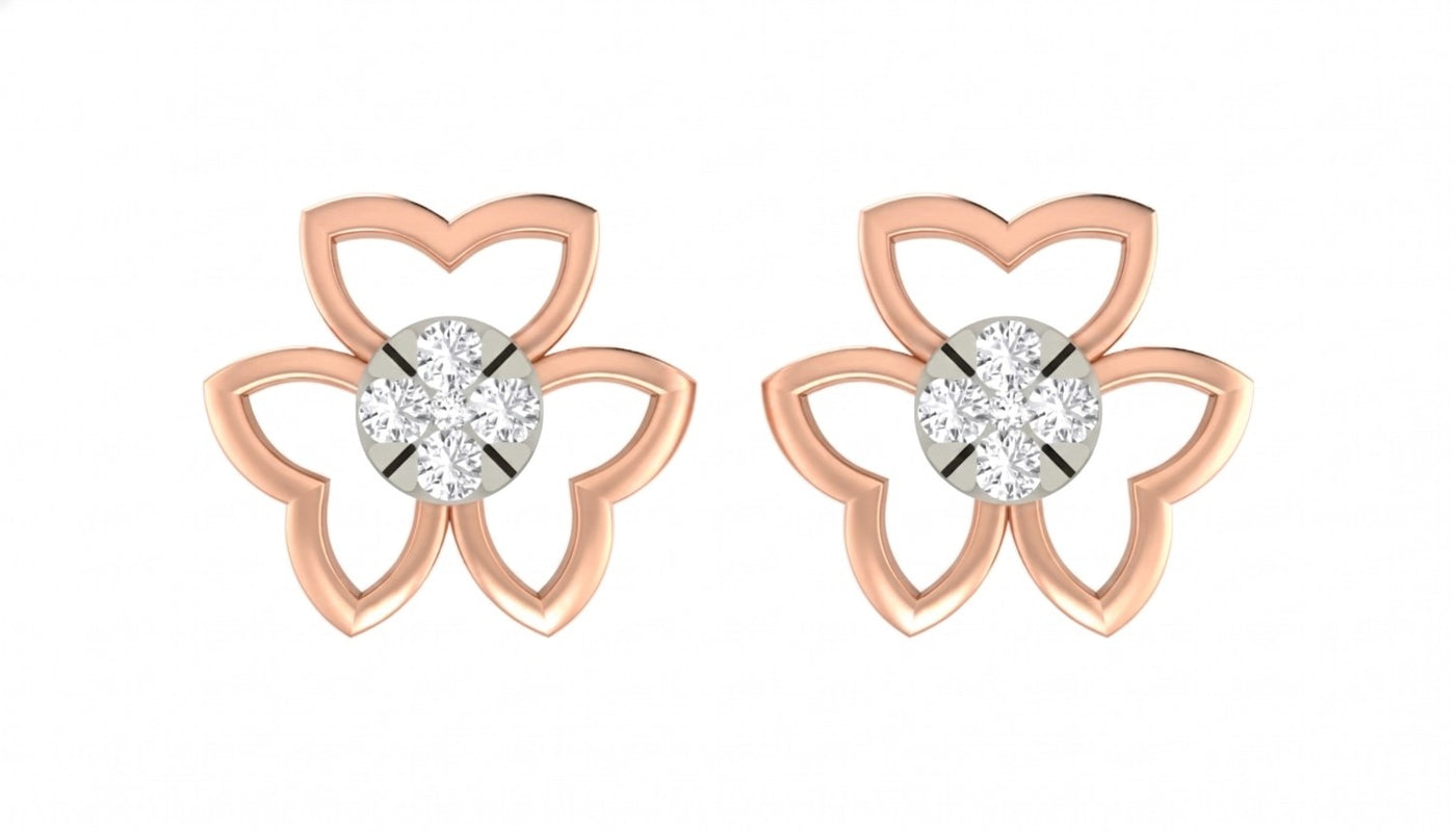 Rose gold and diamond floral-shaped earrings on a white background