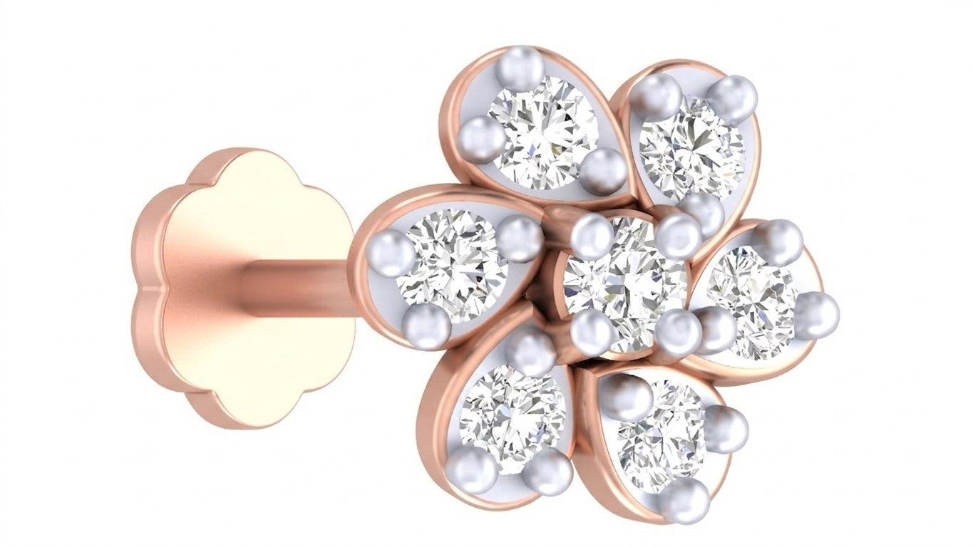 Rose gold earring with diamond stud nose pin petals on a white background