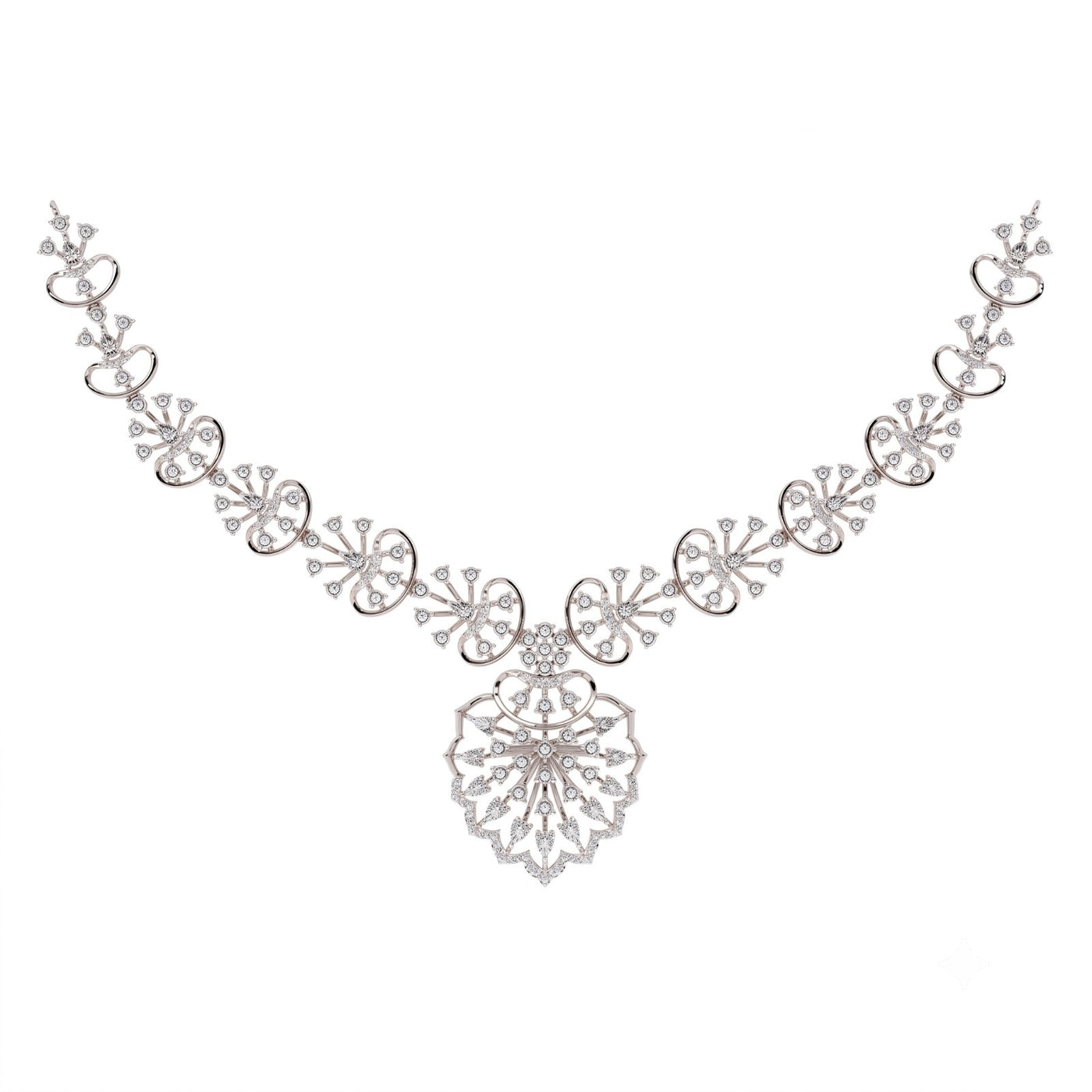 White gold and diamond necklace with a floral design, displayed on a clean white background.