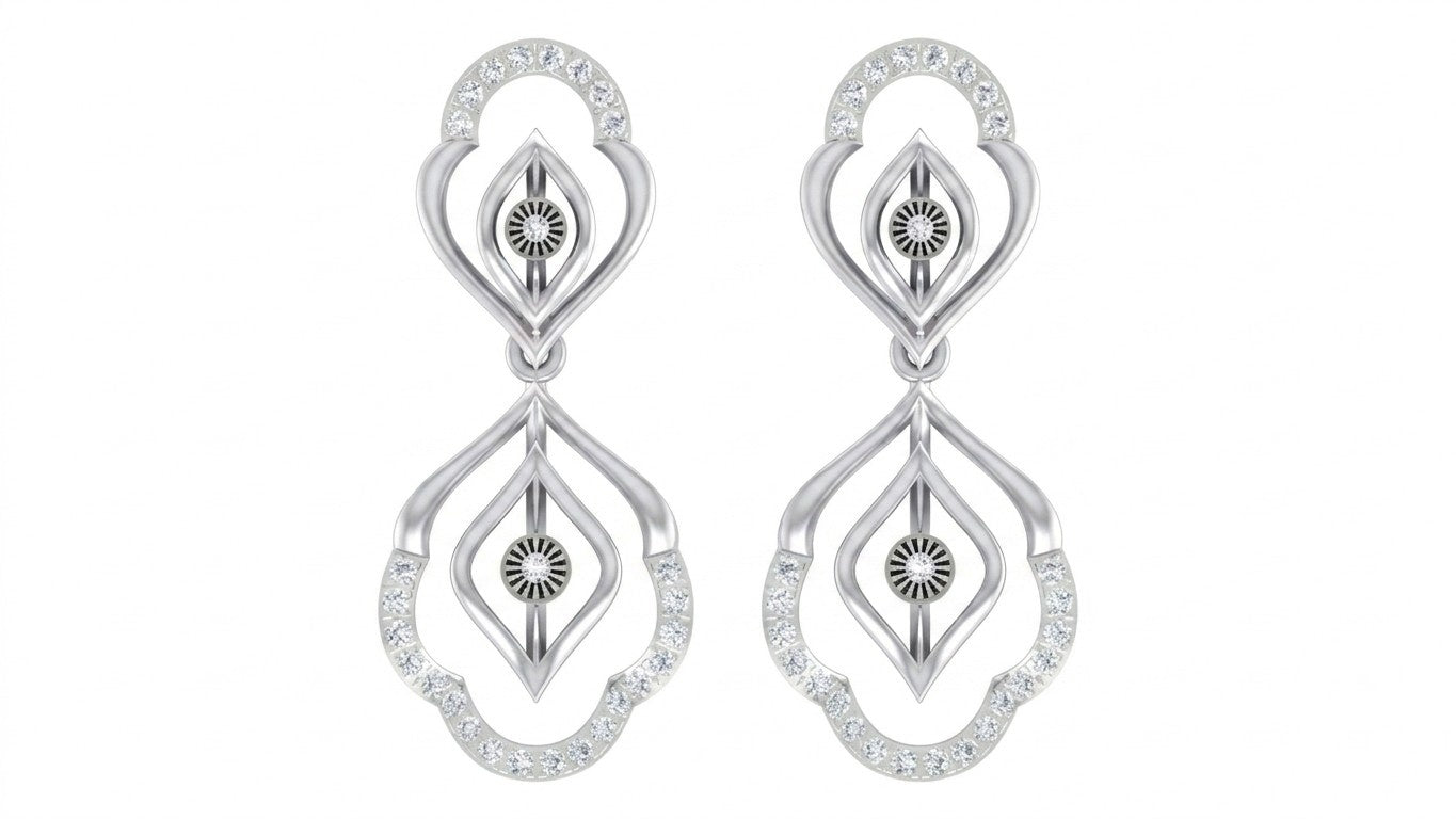 White gold and diamond drop earring on a white background.