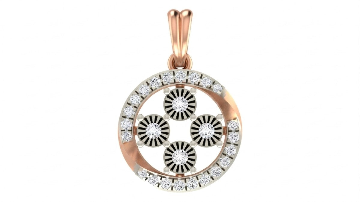Rose gold and diamond circular design pendant on white background