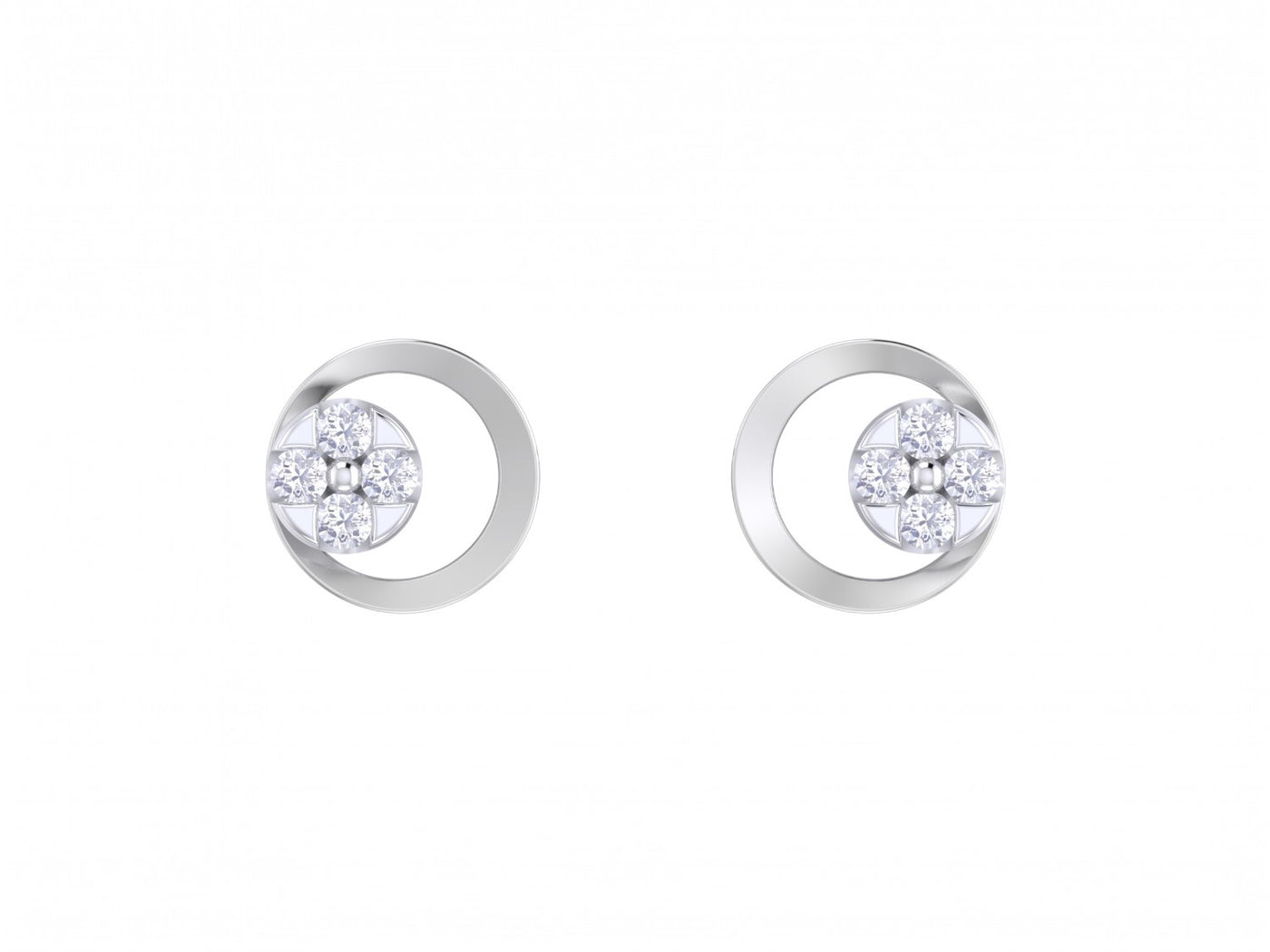 White gold and diamond round-shaped stud earring on a white background.
