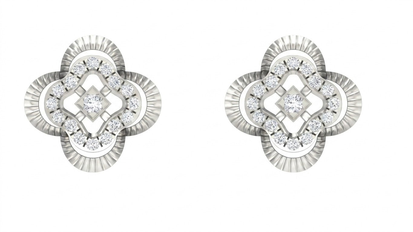 Pair of white gold and diamond floral-shaped stud earrings on a white background