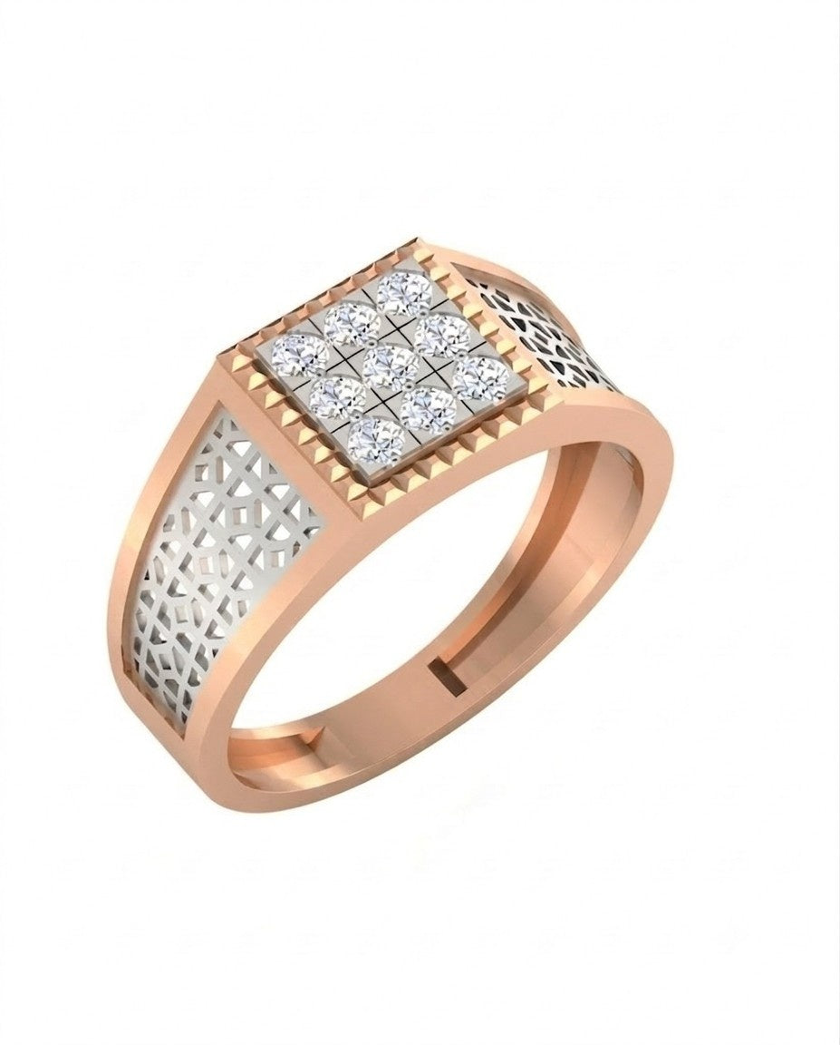 Rose gold and diamond engagement ring for men featuring a refined gold design with sparkling diamond detailing.