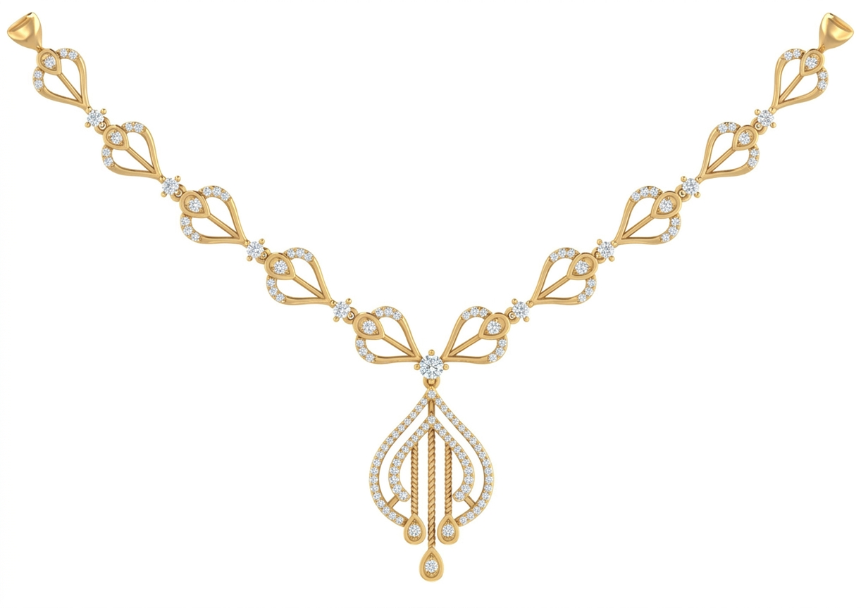 Yellow gold and diamond necklace with openwork leaf links and an intricate chandelier drop.