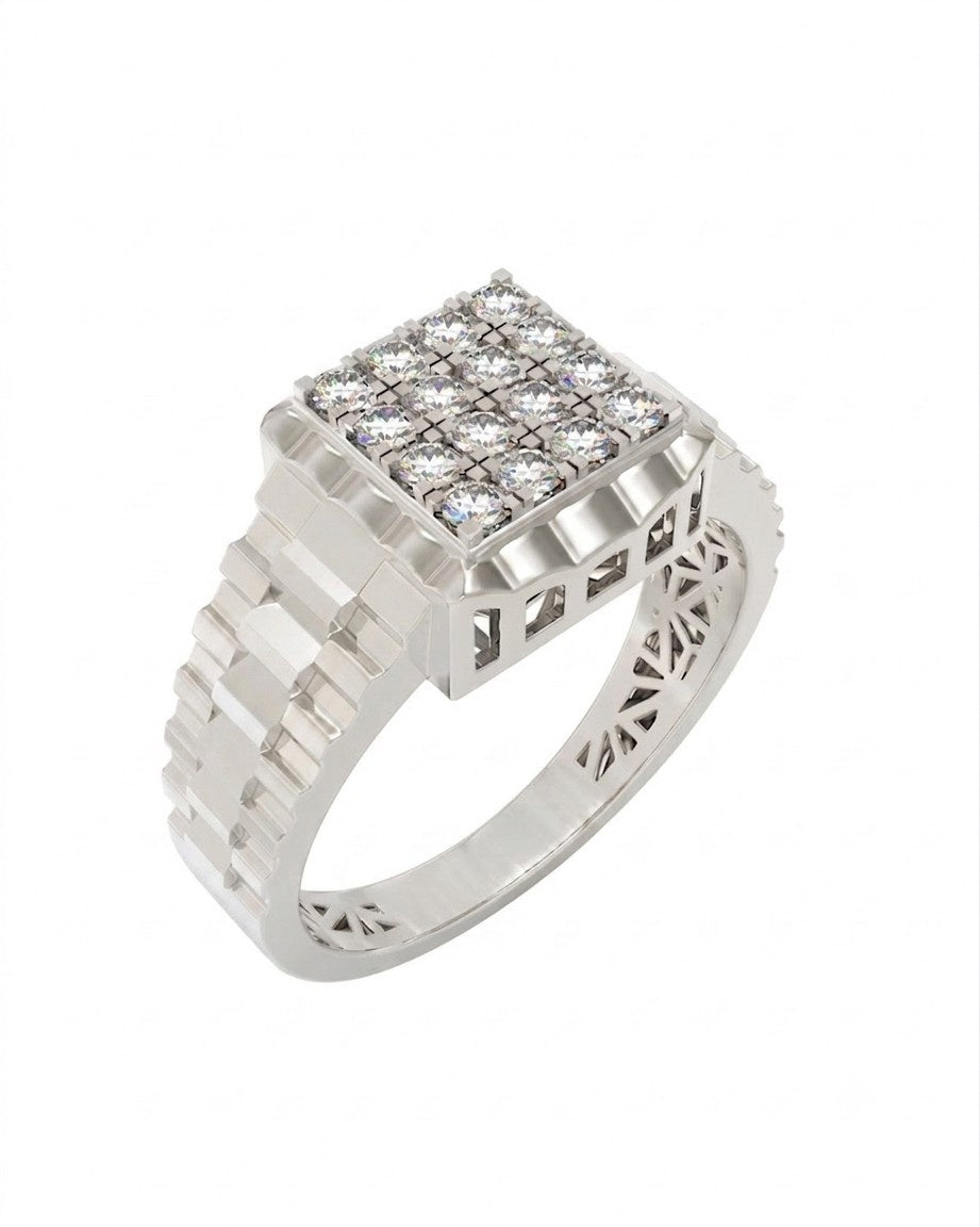 A white gold and diamond ring featuring a square pavé diamond top, shown on a plain white background.