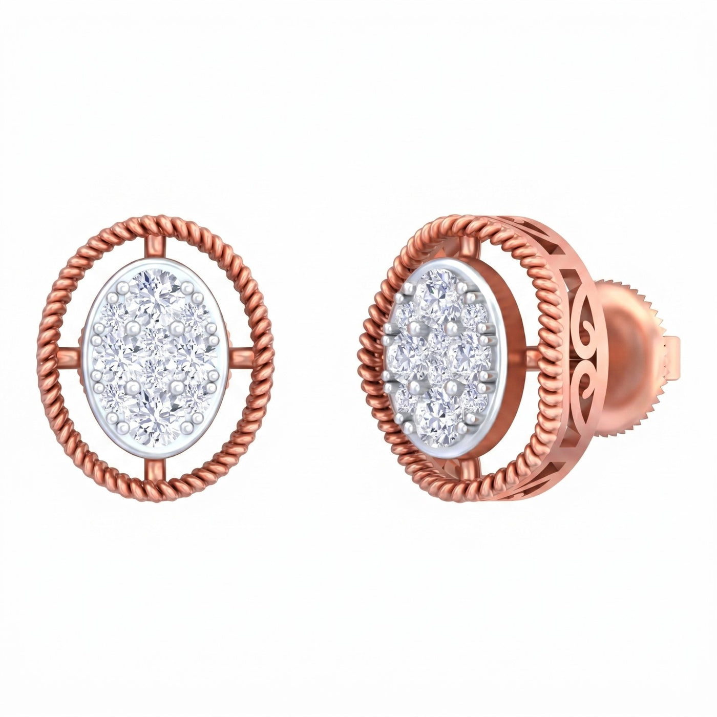 Rose gold earrings with diamond-studded circular design on a white background.