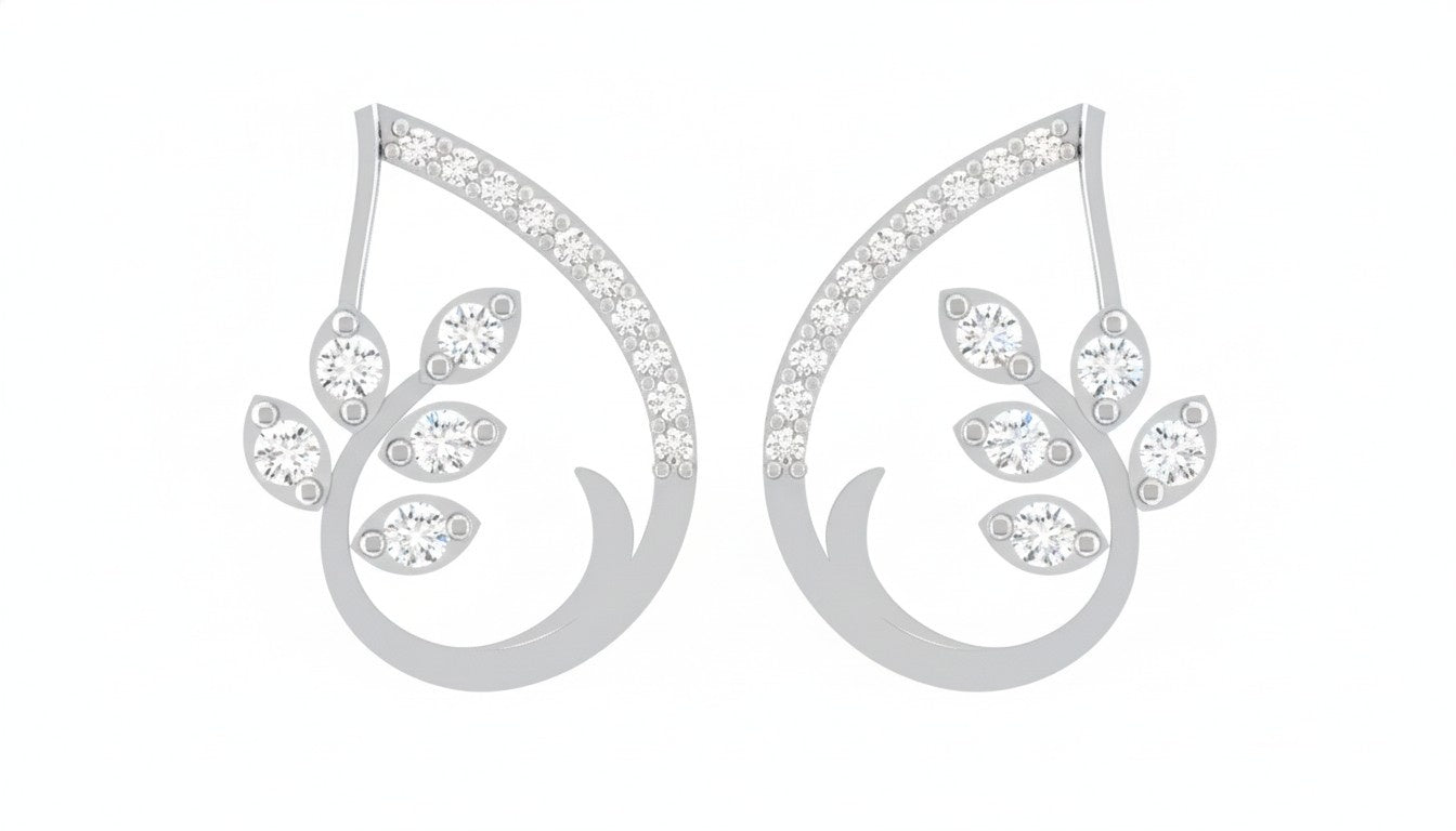 White gold and diamond floral earrings stones on a white background