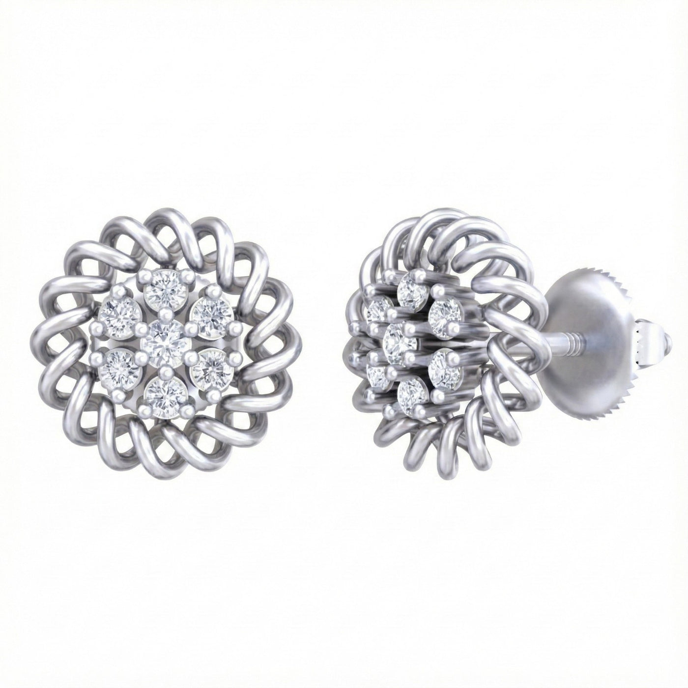 A pair of white gold and diamond stud earrings with a braided circular design on a white background.