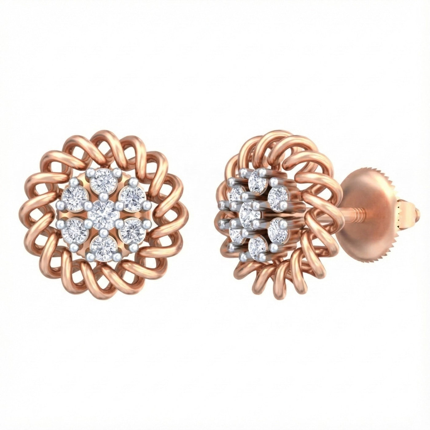 A pair of rose gold and diamond stud earrings with a braided circular design on a white background.