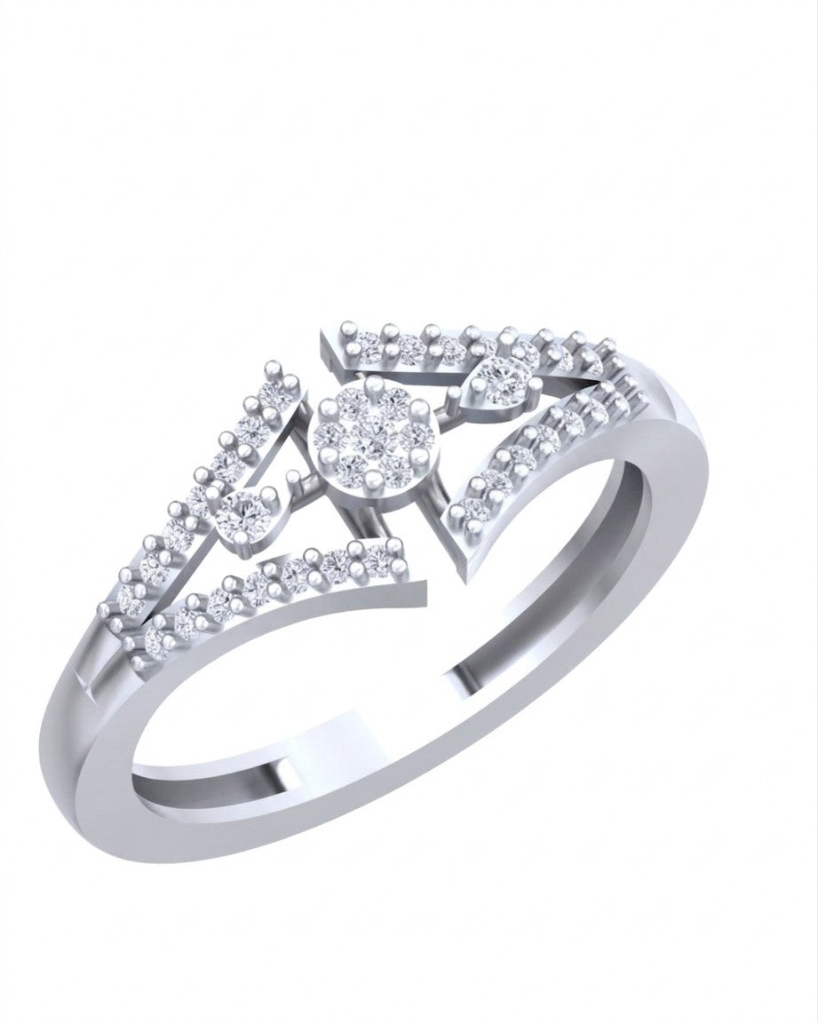 White gold and silver ring with diamonds on a white background