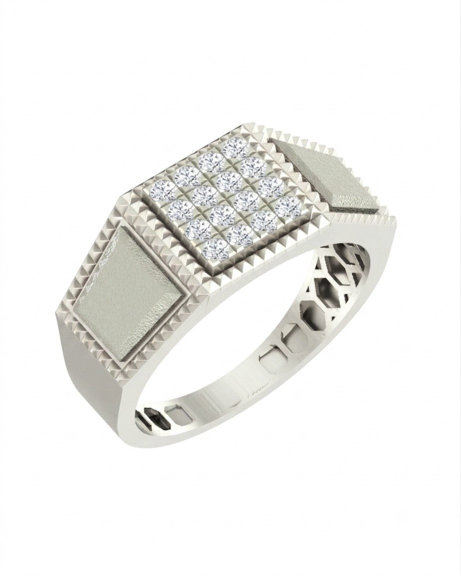 A white gold signet-style ring with a square center panel set, shown on a plain white background.