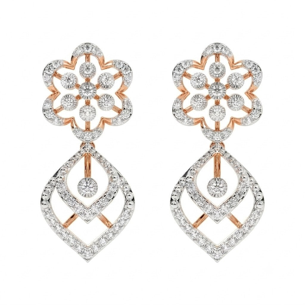 Pair of rose gold and diamond dangler stud earrings on a white background