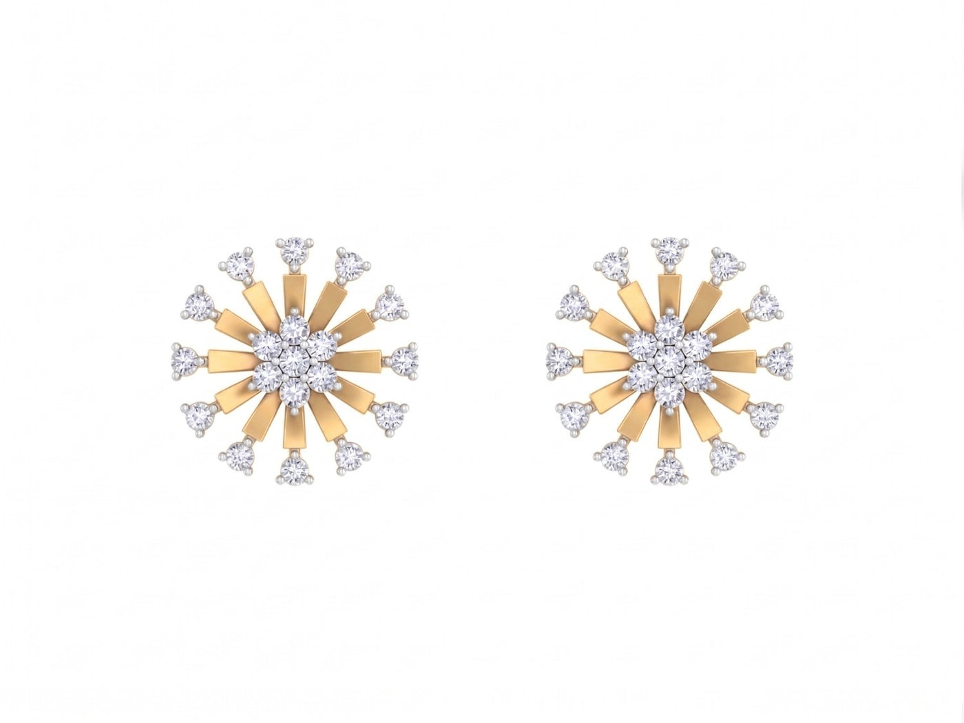 Yellow gold and diamond round-shaped earrings on a white background