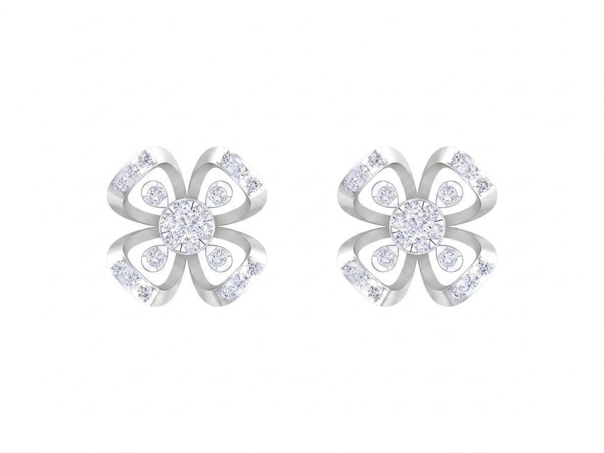A pair of white gold and diamond floral stud earrings on a white background.