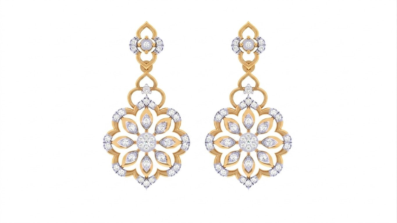 Yellow gold and diamond floral earrings on a white background
