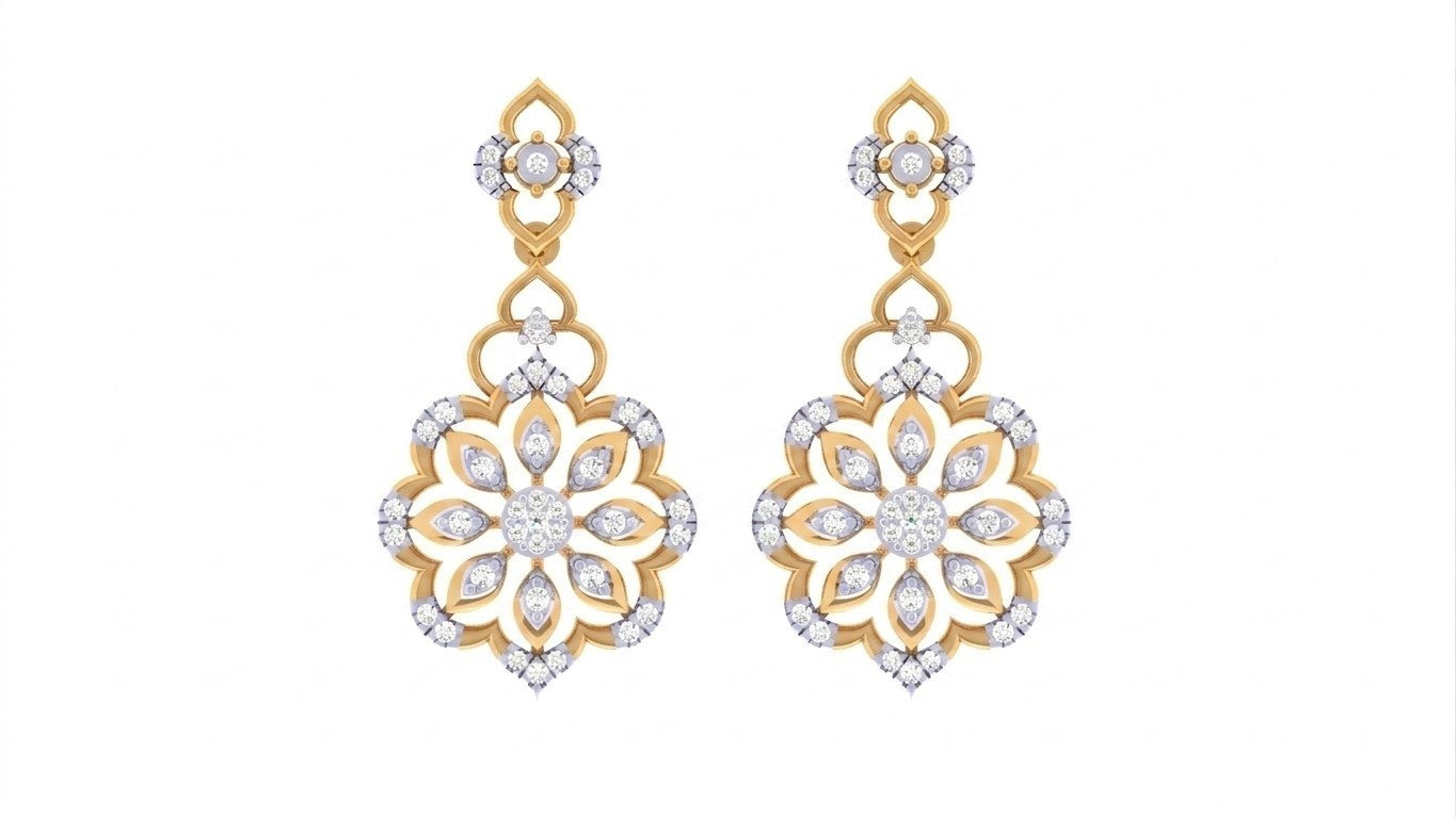 Yellow gold and diamond floral earrings on a white background.