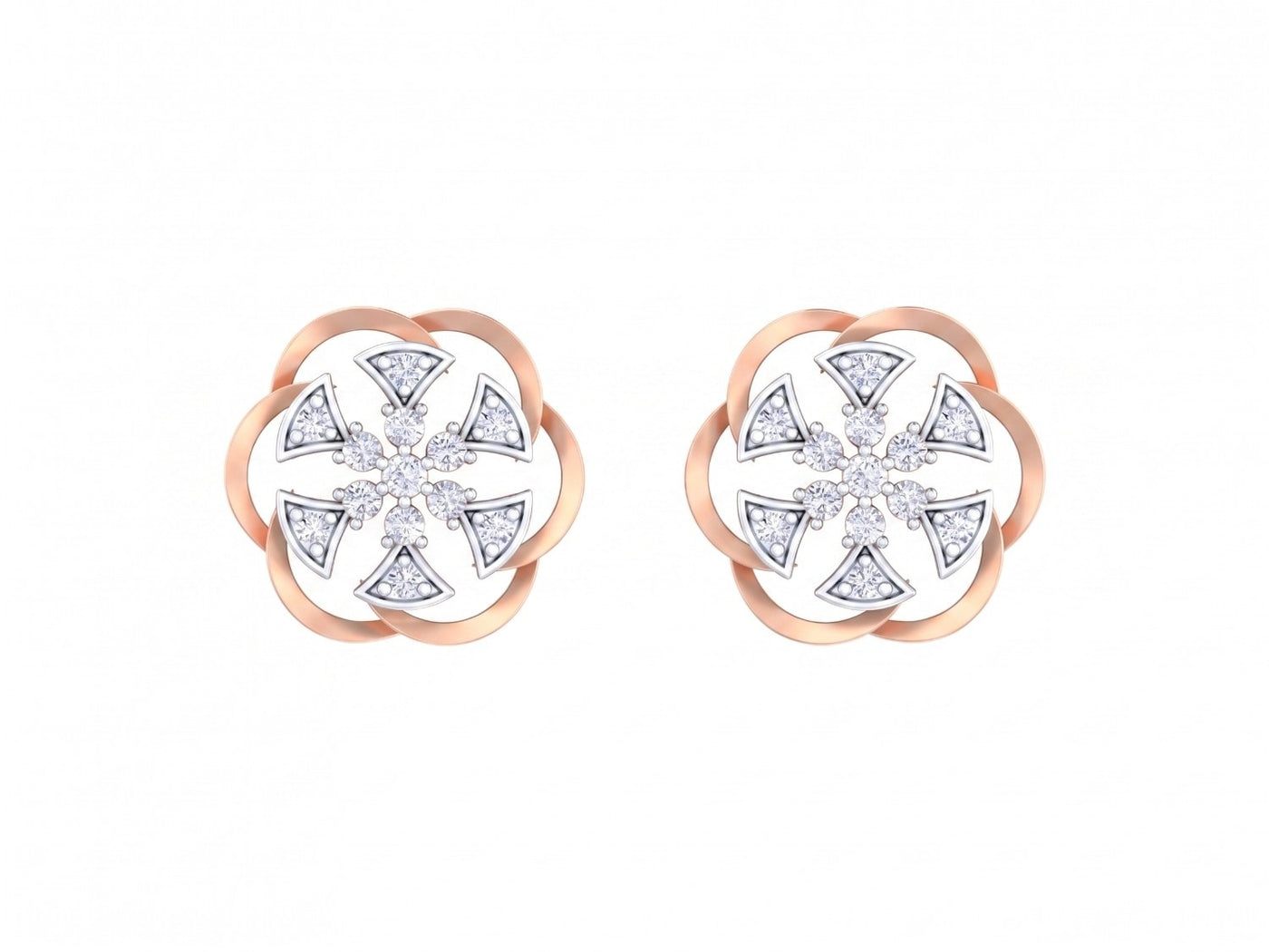 Rose gold and diamond stud earring with floral-design on a white background.