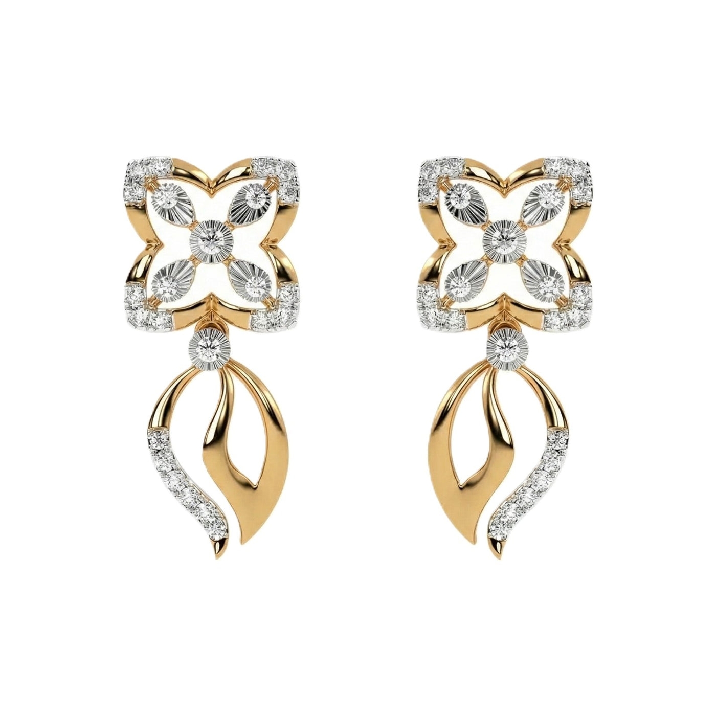 A pair of gold and yellow gold drop earrings with diamond accents, featuring a floral motif 