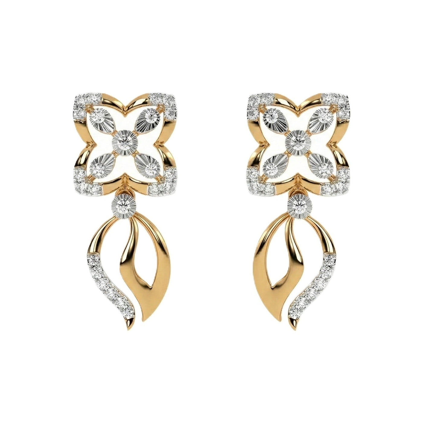 A pair of yellow gold and diamond dangler earrings with floral motif on the top and curved leaf-like drops below, set against a plain white background.