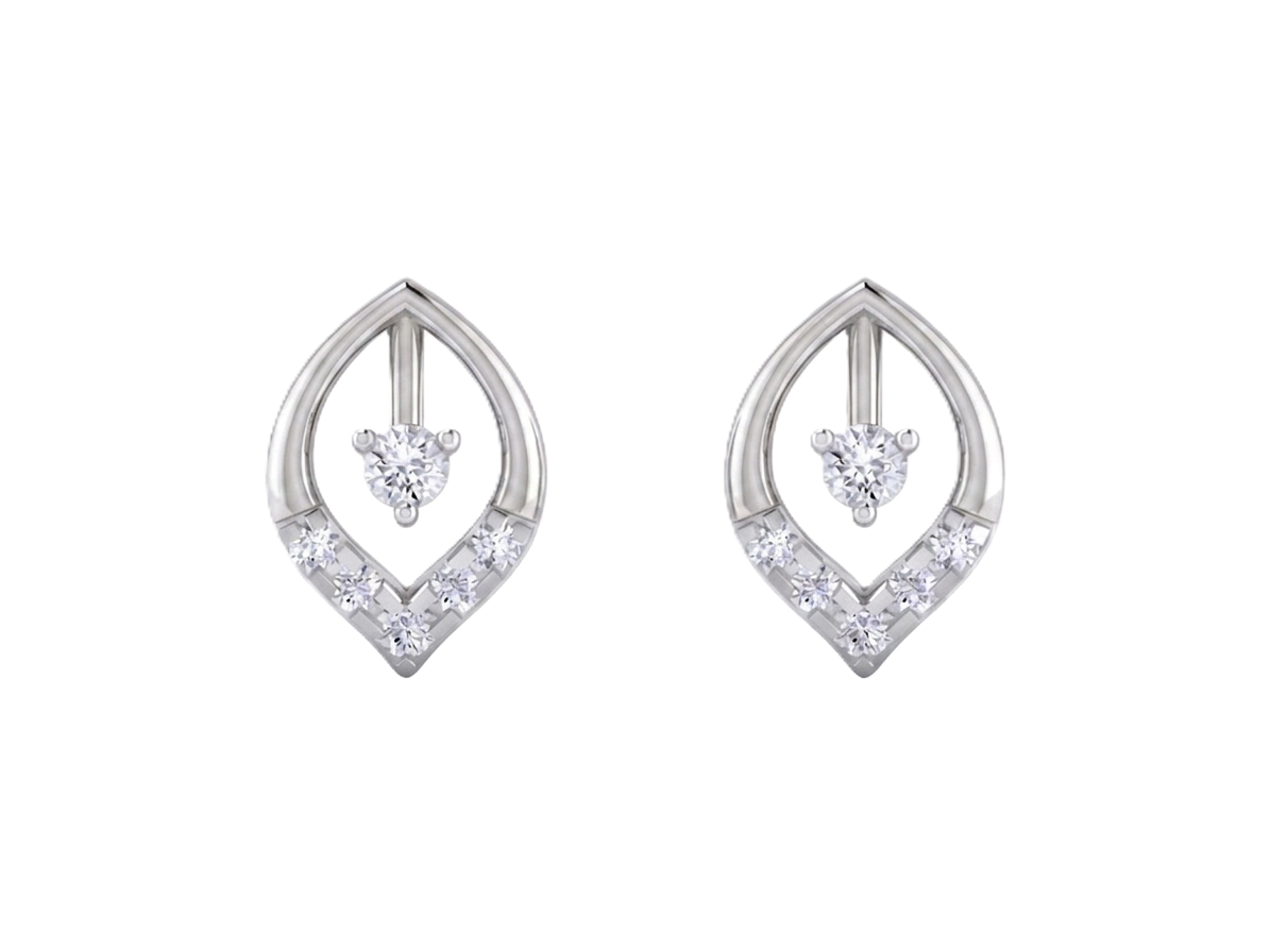 White gold and diamond stud earrings on a white background.