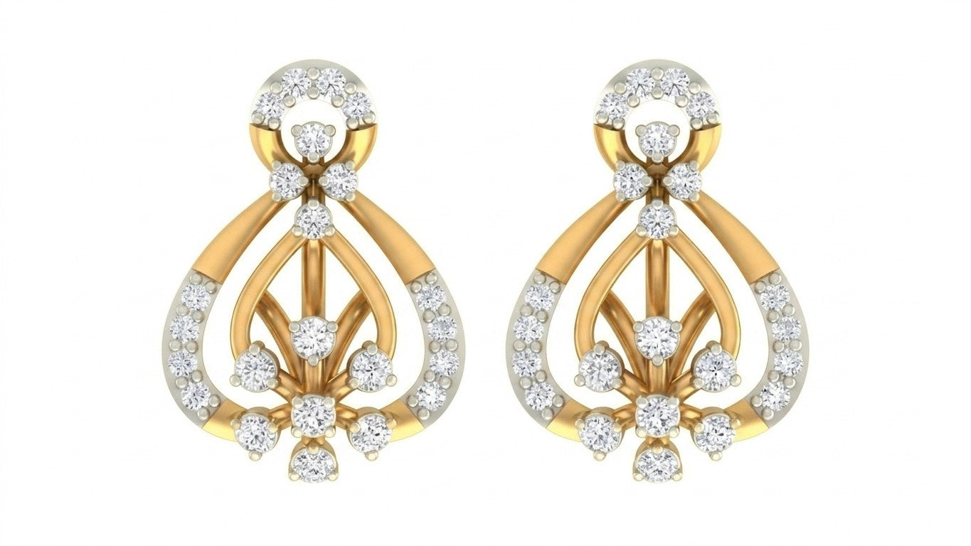Yellow gold and diamond stud earring with teardrop-shaped on a white background.
