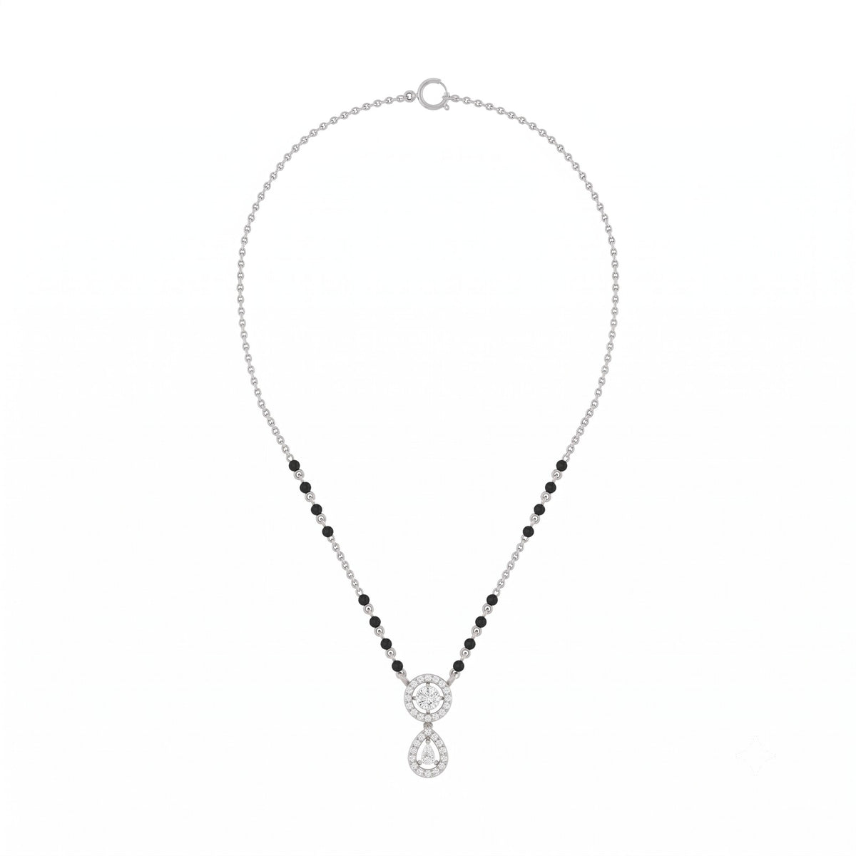 White gold & diamond beaded mangalsutra on white background