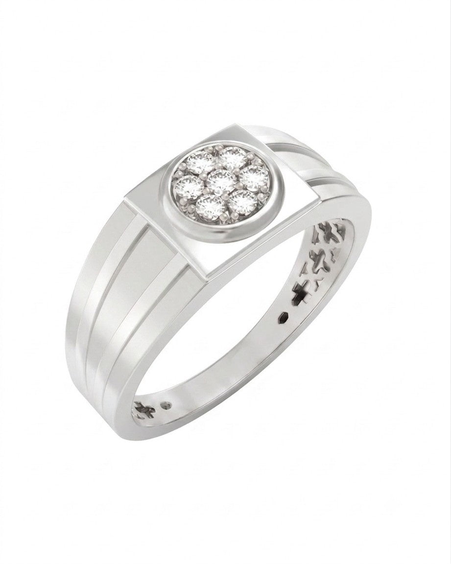 A white gold and diamond ring featuring a round cluster, set against a plain white background.