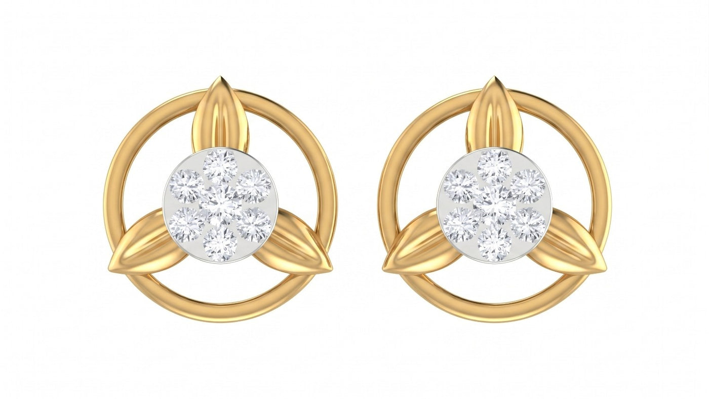Yellow gold and diamond round-shaped stud earrings on a white background