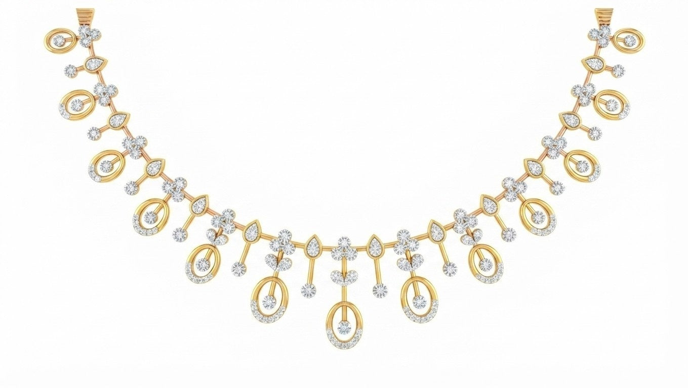 A yellow gold and diamond necklace featuring a floral design, and oval motifs  on a plain white background.