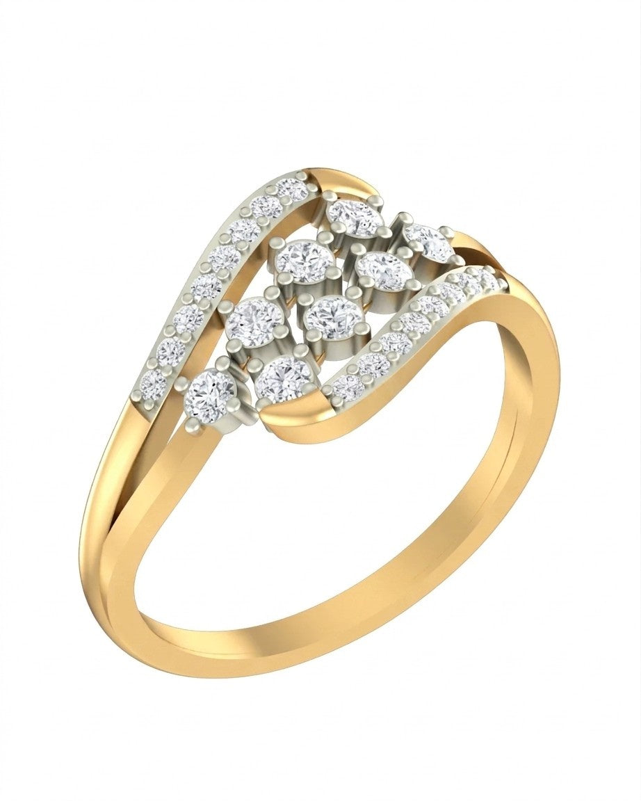 Yellow gold ring with diamond accents on a white background
